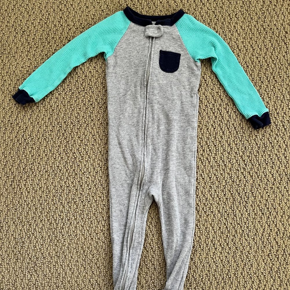 Carter's 24 month gray and teal waffle knit snug fit footie PJs